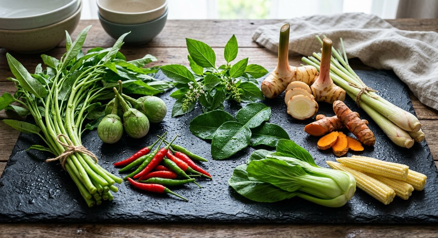Fresh Thai vegetables and herbs
